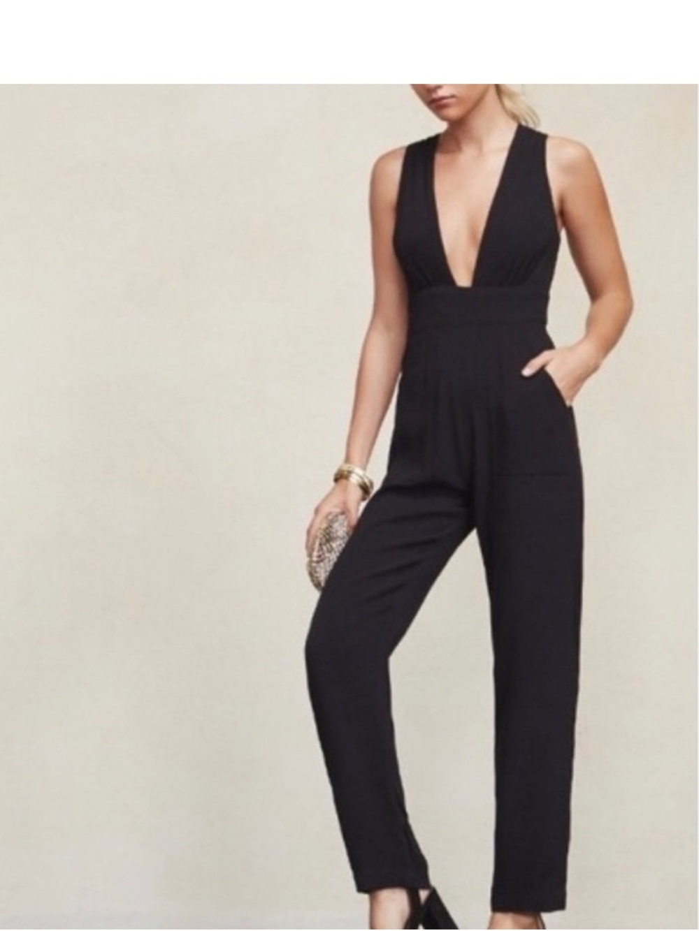 Reformation Cecil Black Plunge Sleeveless Jumpsuit Size 6